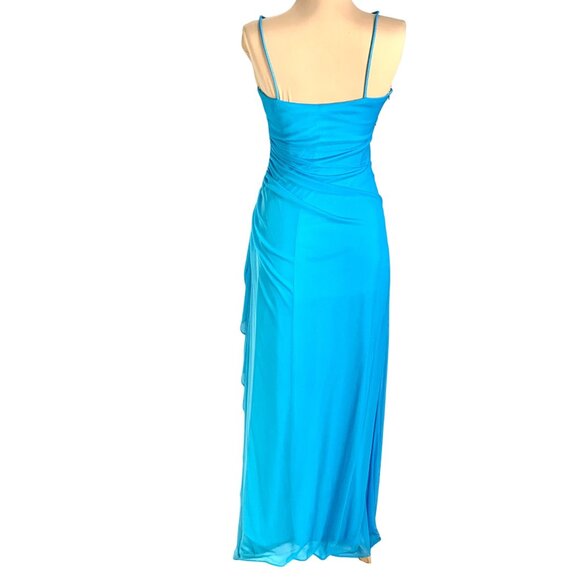Ruched Chiffon Blue Glam Slip Gown Rhinestone Accent Side Ruffle Design 5 Prom - Picture 5 of 10